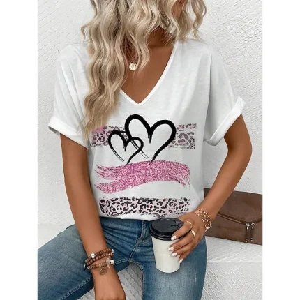 Women's T shirt Tee Heart Valentine's Day Casual White Print Short Sleeve Fashion V Neck Regular Fit Summer