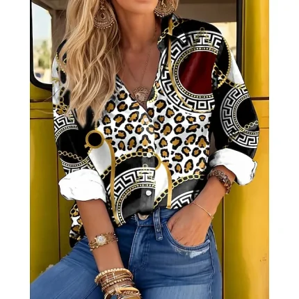 Women's Shirt Blouse Leopard Casual Black Brown Button Print Long Sleeve Fashion Shirt Collar Regular Fit Spring & Fall