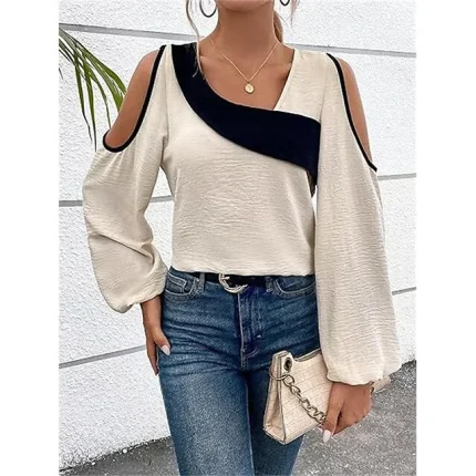 Shirt Blouse Women's Wine Blue Beige Color Block Cut Out Street Daily Fashion V Neck Regular Fit S