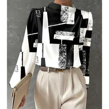 Women's Shirt Blouse Graphic Work Black Pink Blue Print Long Sleeve Fashion Crew Neck Regular Fit Spring & Fall