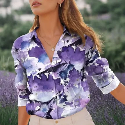 Women's Shirt Blouse Floral Casual Holiday Purple Button Print Long Sleeve Fashion Streetwear Shirt Collar Regular Fit Summer Spring