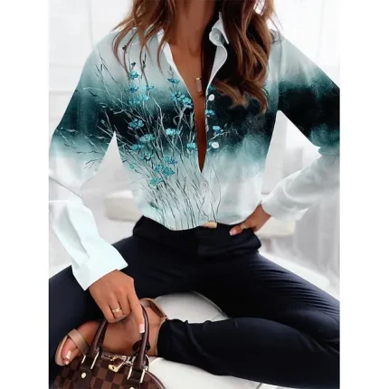 Women's Shirt Blouse Floral Casual Holiday Blue Green Button Print Long Sleeve Fashion Shirt Collar Regular Fit Spring & Fall
