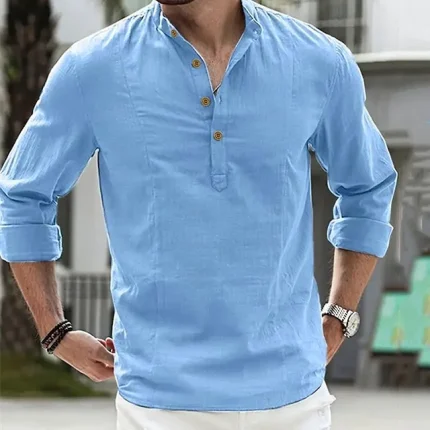 Men's Shirt Linen Shirt Summer Shirt Beach Shirt Navy Blue Blue Army Green Long Sleeve Plain Standing Collar Spring & Fall Hawaiian Holiday Clothing Apparel Button-Down