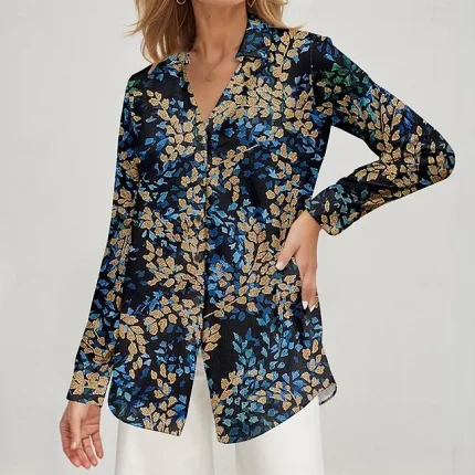 Women's Shirt Blouse Leaf Casual Pink Blue Khaki Print Button Long Sleeve Fashion V Neck Regular Fit Spring & Fall