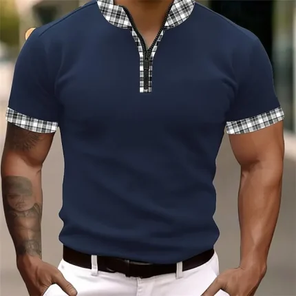 Men's Polo Shirt Zip Polo Outdoor Sports Quarter Zip Short Sleeve Fashion Modern Plaid Color Block Zipper Summer Regular Fit White Navy Blue Polo Shirt