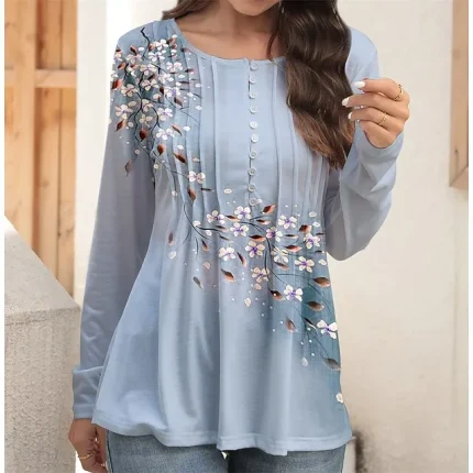 Women's T shirt Tee Henley Shirt Designer Shirt Floral Casual Holiday Pink Blue Orange Print Button Long Sleeve Fashion Round Neck Regular Fit Spring & Fall