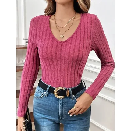 T shirt Tee Women's Pink Solid Color Sexy Street Daily Fashion V Neck Ribbed Regular Fit S
