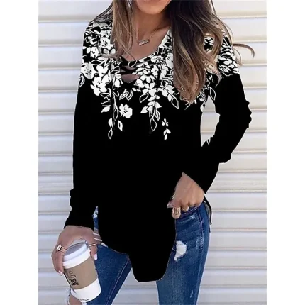 Women's T shirt Tee Floral Plaid Casual Black Red Blue Print Long Sleeve Fashion V Neck Regular Fit Spring & Fall