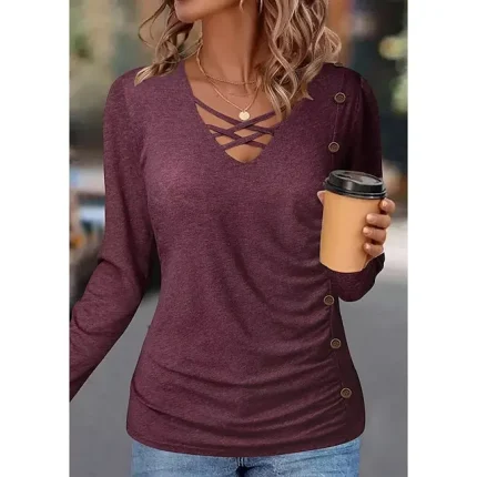 T shirt Tee Women's Wine Plain Button Daily Weekend Fashion V Neck Regular Fit S