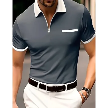 Men's Polo Shirt Zip Polo Outdoor Sports Lapel Quarter Zip Short Sleeve Fashion Modern Color Block Zipper Front Pocket Summer Regular Fit Gray Polo Shirt