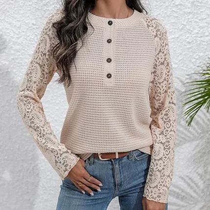 Shirt Blouse Women's Black Pink Beige Solid Color Lace Button Street Daily Fashion Round Neck S