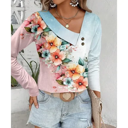 Women's Shirt Blouse Floral Casual Holiday Yellow Pink Blue Print Long Sleeve Fashion V Neck Regular Fit Spring & Fall