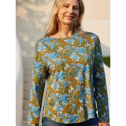 Women's T shirt Tee 100% Cotton Paisley Casual Daily Green Print Long Sleeve Ethnic Print Round Neck Loose Fit All Seasons