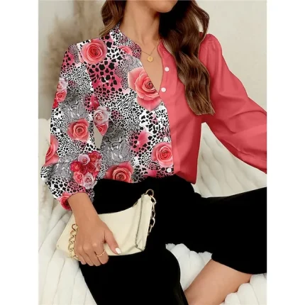 Women's Shirt Blouse Floral Work Casual Red Blue Green Print Button Long Sleeve Fashion Modern Standing Collar Regular Fit Spring