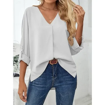 Shirt Blouse Women's Black White Pink Plain Sexy Street Daily Fashion V Neck Regular Fit S