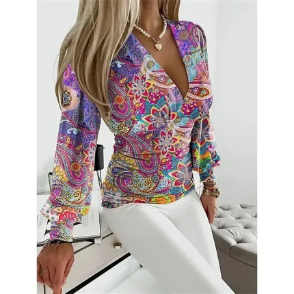 Women's T shirt Tee Paisley Daily Weekend Purple Print Long Sleeve Fashion V Neck Regular Fit Spring & Fall