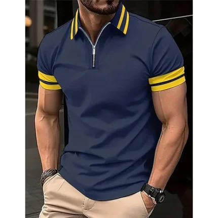 Men's Polo Shirt Zip Polo Outdoor Sports Lapel Quarter Zip Short Sleeve Fashion Modern Color Block Stripes Patchwork Zipper Summer Regular Fit Army Green Dark Blue Polo Shirt