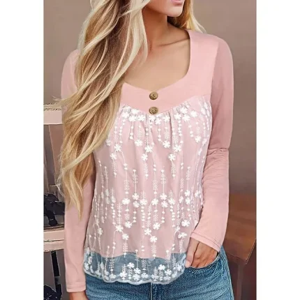 Shirt Blouse Women's Pink Plain Lace Patchwork Button Casual Fashion V Neck Regular Fit S