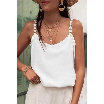 Tank Women's White Beige Plain Flower Street Daily Fashion U Neck Regular Fit S