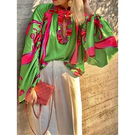 Women's Shirt Blouse Peasant Blouse Graphic Casual Holiday Green Print Long Sleeve Boho Standing Collar Regular Fit Summer Spring