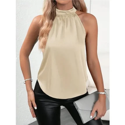 Tank Women's Black Yellow Wine Plain Cold Shoulder Street Daily Fashion Round Neck Regular Fit S