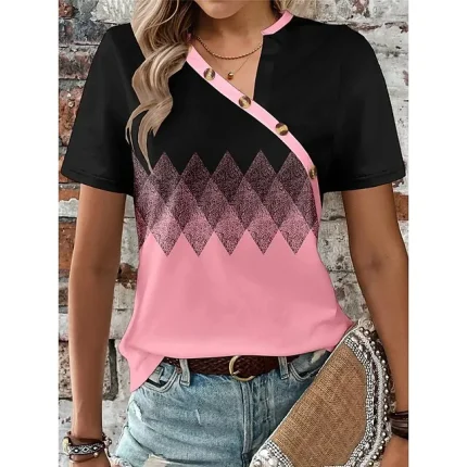 Women's T shirt Tee Geometric Daily Weekend White Pink Blue Button Print Short Sleeve Fashion Diagonal Neck Regular Fit Summer