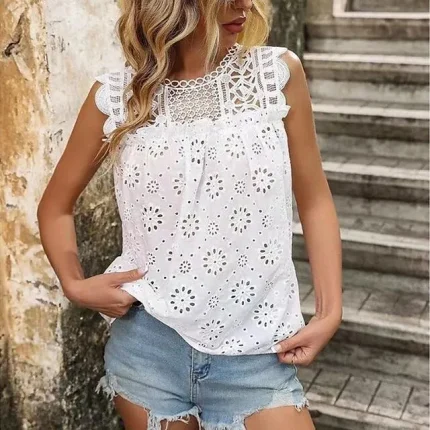 Tank Women's White Solid Color Lace Cut Out Street Daily Fashion Round Neck S