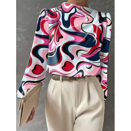 Women's Shirt Blouse Graphic Work Red Blue Orange Print Long Sleeve Fashion Crew Neck Regular Fit Spring & Fall