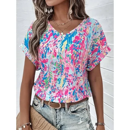 Women's T shirt Tee Floral Casual Holiday Pink Print Short Sleeve Fashion V Neck Regular Fit Summer