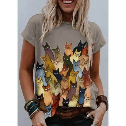 Women's T shirt Tee White Blue Khaki Graphic Cat Print Short Sleeve Going out Weekend Basic Round Neck Regular Cat Painting S