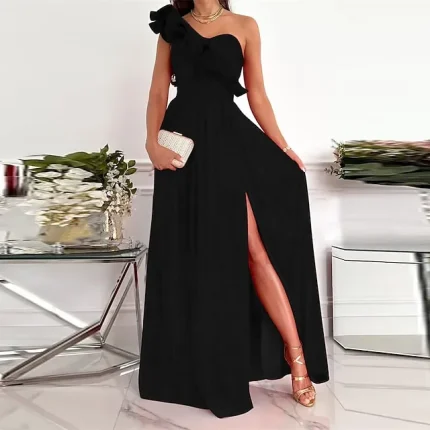 Women‘s Party Dress Wedding Guest Dress Swing Dress Long Dress Maxi Dress Green Black Wine Sleeveless Pure Color Ruffle Spring Summer One Shoulder Party Slim S M L XL XXL