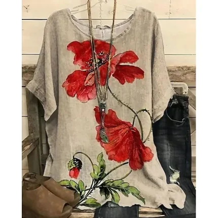 Women's Plus Size T shirt Tee Blouse Cotton Floral Graphic Daily Weekend Dolman Sleeve khaki Print Short Sleeve Basic Crew Neck Regular Fit Summer Spring