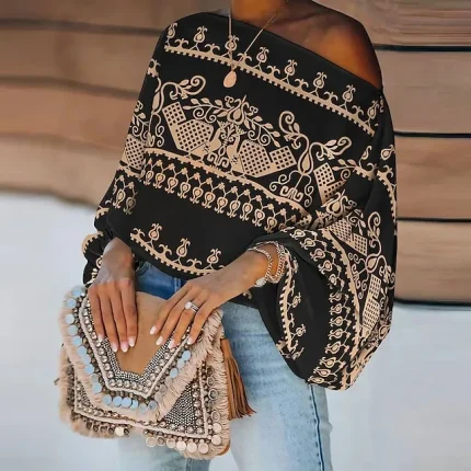 Women's Shirt Blouse Graphic Black Off Shoulder Print Long Sleeve Holiday Weekend Vintage Fashion Streetwear Off Shoulder Regular Fit Spring Fall