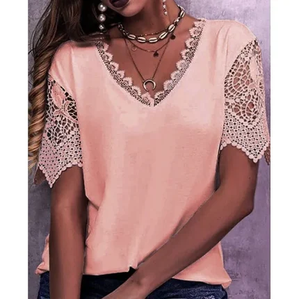 Women's T shirt Tee Plain Casual Daily Weekend Pink Cut Out Lace Trims Short Sleeve Elegant Fashion Basic V Neck Regular Fit