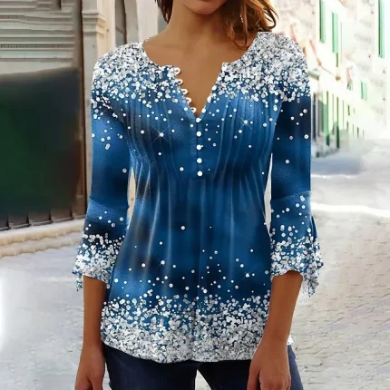 Women's Plus Size Shirt T shirt Tee Henley Shirt Blouse Graphic Polka Dot Flower Casual Weekend Denim Blue Grass Green Black Print Button Long Sleeve Basic Round Neck Regular Fit Spring Fall