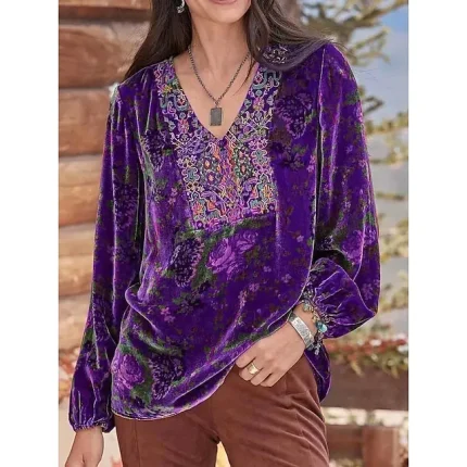 Women's Shirt Blouse Velvet Floral Party Christmas New Year Yellow Red Purple Print Long Sleeve Basic V Neck Regular Fit Spring Fall