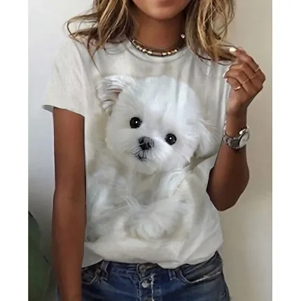 Women's T shirt Tee Dog Daily Weekend Custom Print White Beige Print Short Sleeve Basic Round Neck Regular Fit