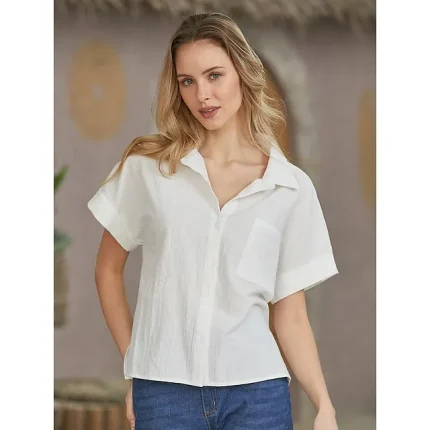 Women's Shirt Blouse Cotton Linen Plain Casual White Button Pocket Short Sleeve Elegant Fashion Basic Shirt Collar Regular Fit
