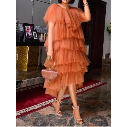 Women‘s Party Dress Wedding Guest Cocktail Dress Semi Formal Dress Midi Dress Orange Short Sleeve Pure Color Mesh Summer Spring Crew Neck Party Summer Dress Loose Fit S M L XL 2XL 3XL