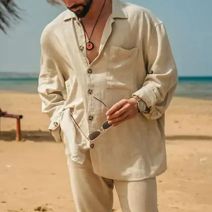 Men's Linen Shirt Summer Shirt Beach Shirt Khaki Long Sleeve Plain Turndown Spring & Summer Casual Daily Clothing Apparel Front Pocket