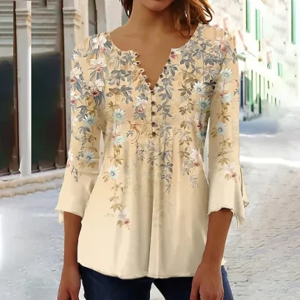Women's Shirt Blouse Floral Holiday Yellow Blue Purple Button Print 3/4 Length Sleeve Basic Round Neck Regular Fit