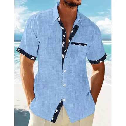 Men's Linen Shirt Summer Shirt Beach Shirt White Blue Green Short Sleeve Striped Lapel Spring & Summer Hawaiian Holiday Clothing Apparel Basic