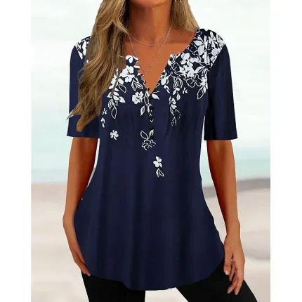 Women's T shirt Tee Henley Shirt Floral Holiday Weekend Black White Navy Blue Button Print Short Sleeve Tunic Basic Round Neck Regular Fit