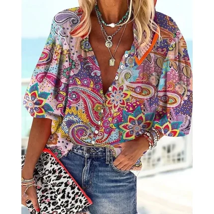 Women's Shirt Blouse Graphic Casual Pink Red Blue Print Button Long Sleeve Basic V Neck Regular Fit Spring Fall