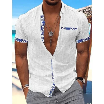 Men's Shirt Linen Shirt Button Up Shirt Summer Shirt Beach Shirt Black White Pink Short Sleeve Floral Lapel Summer Casual Daily Clothing Apparel Front Pocket