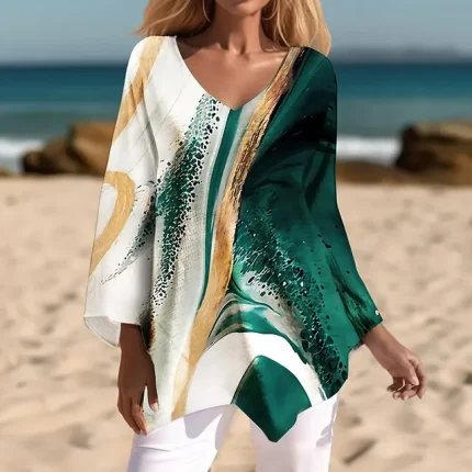 Women's Shirt Blouse Graphic Casual Red Blue Green Print Asymmetric Long Sleeve Daily Basic Neon & Bright V Neck Regular Fit Fall & Winter