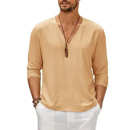 Men's Shirt Linen Shirt Summer Shirt Beach Shirt White Blue Brown Long Sleeve Plain Crew Neck Spring & Summer Casual Daily Clothing Apparel