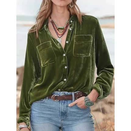 Women's Shirt Blouse Velvet Plain Casual Red Blue Green Button Pocket Long Sleeve Fashion Shirt Collar Regular Fit Fall & Winter