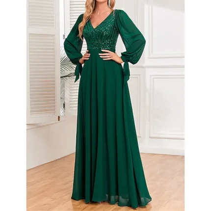 Women's Sequin Dress Prom Dress Party Dress Sparkly Dress Long Dress Maxi Dress Green Long Sleeve Fall Winter V Neck Fashion Evening Party