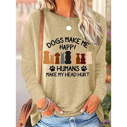 Women's T shirt Tee Dog Letter Daily Weekend Pink Blue Green Print Long Sleeve Fashion Round Neck Regular Fit Spring & Fall